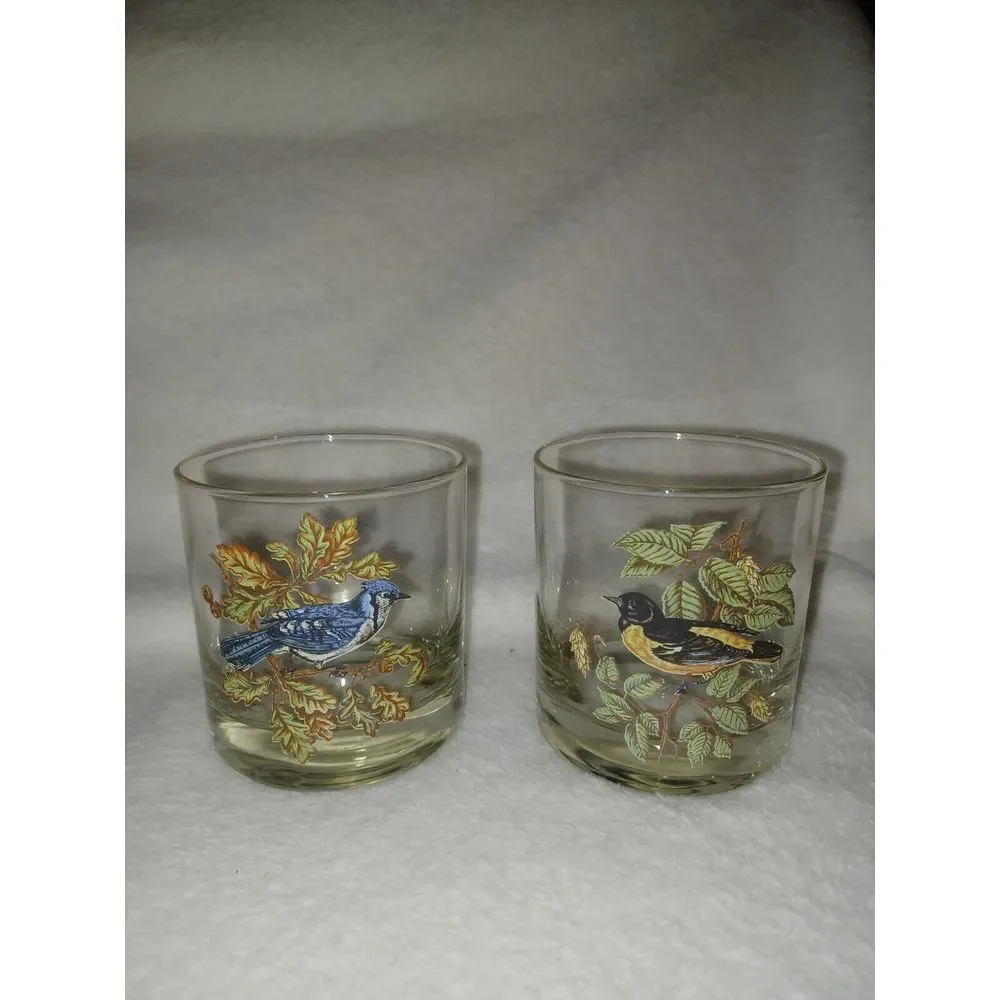 Set Of 2‎ Vintage Glass American Song Bird Cocktail Juice Water Glasses